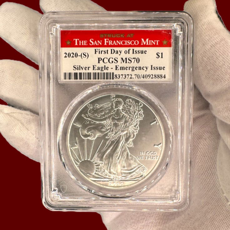 First Day of Issue PCGS MS70 2020-S $1 Silver Eagle Emergency Issue San Francisco Mint (1 of 2)