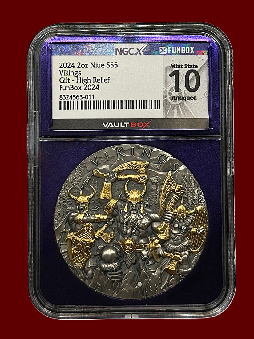 NGC Vaultbox Mint State 10 Antiqued 2024 2oz Niue Vikings S$5 Gilt - High Relief FunBox 2024: High relief Mint State 10 2oz Niue Vikings $5 Coin