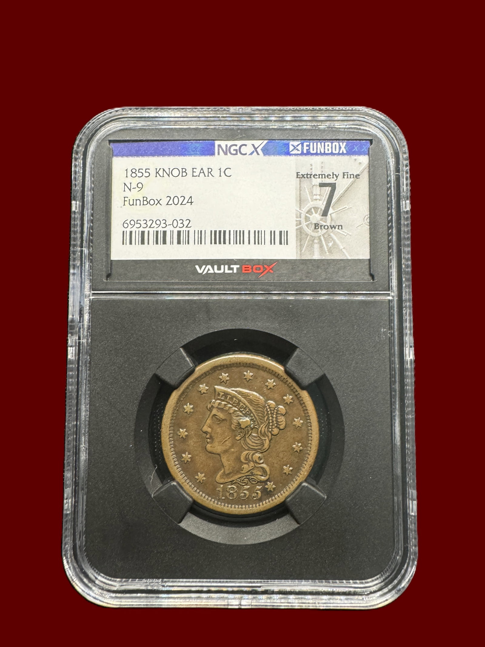 1855 1c N-9 Knob on Ear Extremely Fine Brown NGC Funbox 2024: Extremely Fine 7 1855 Larger Cent