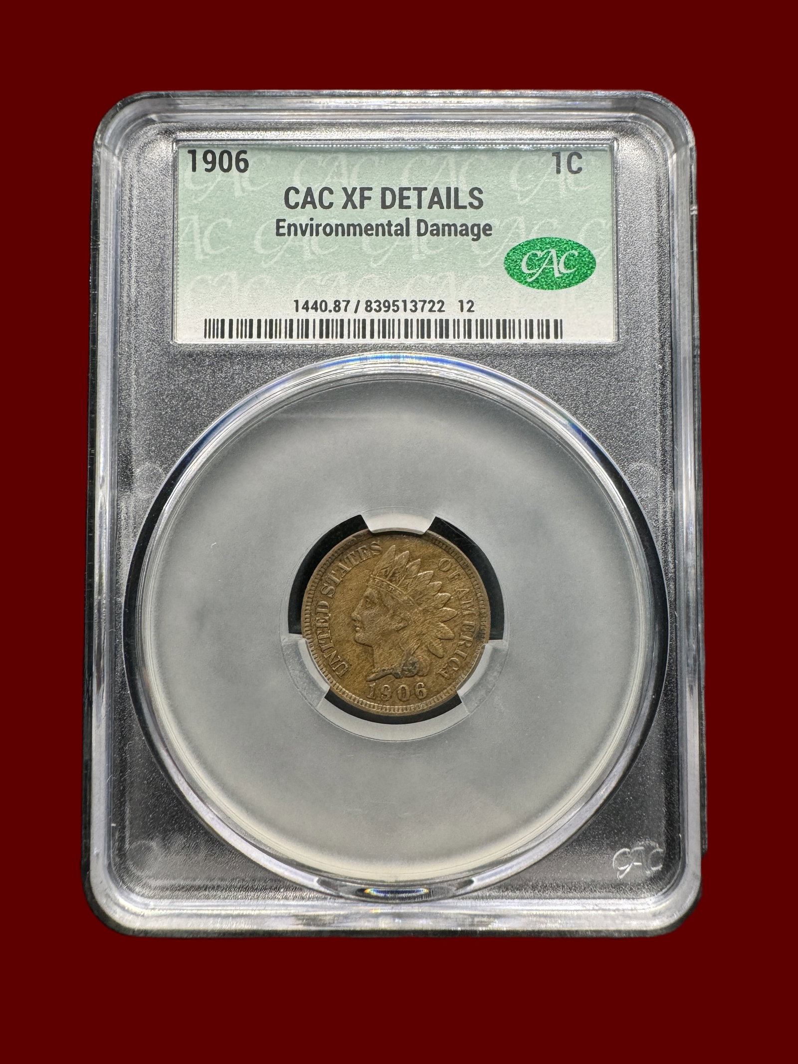 CAC XF Details 1906 1c Indian Head: CAC Slab