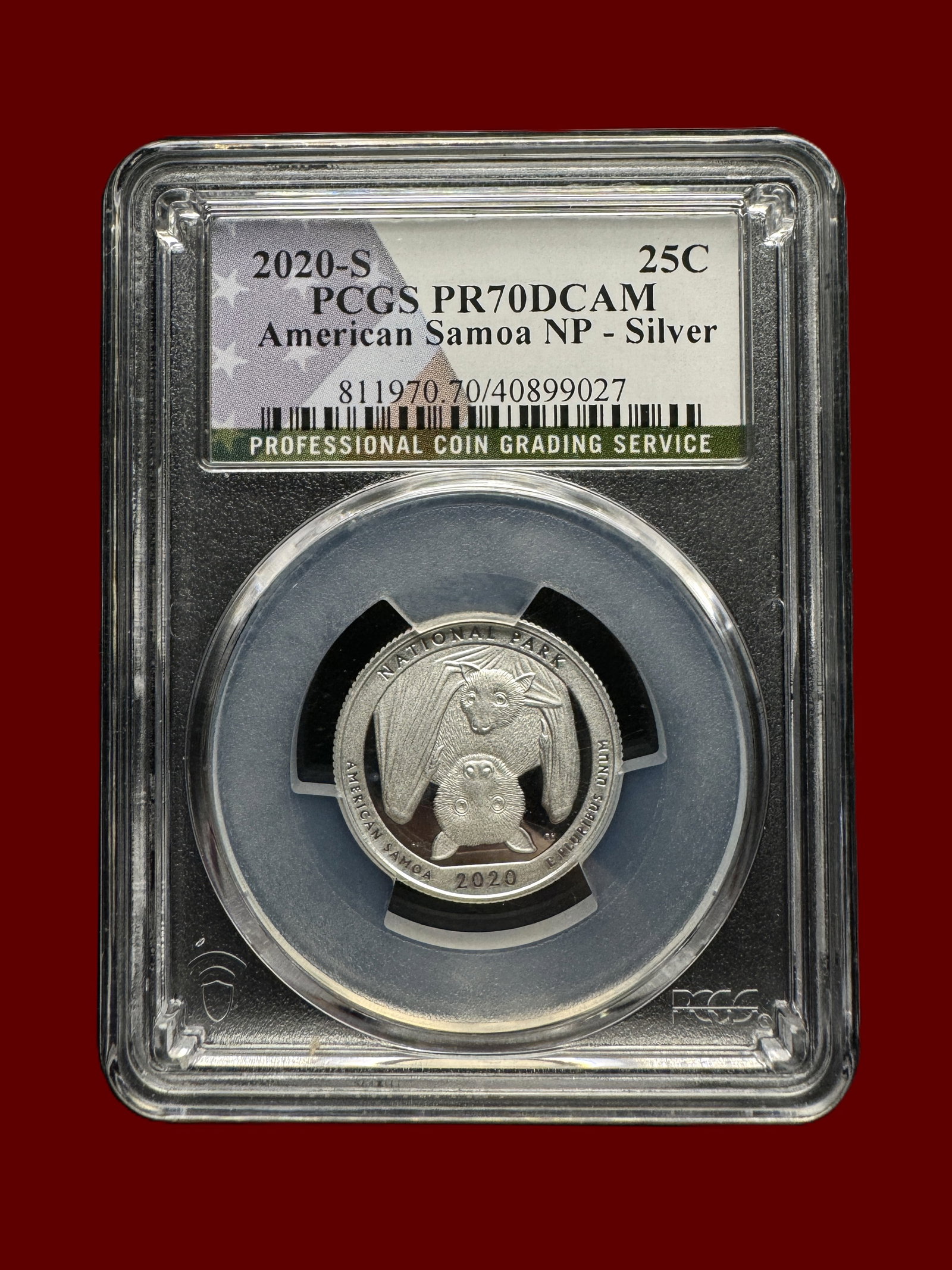 PCGS PR70DCAM 2020 S American Samoa NP - 25c Silver "Covid Quarter": Known as the 'Covid Quarter" due to the prevalence of Bats on the reverse. Gained infamy during the outbreak of Covid-19 in 2020.