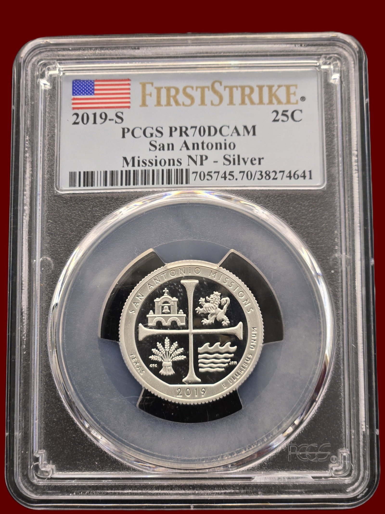 PCGS PR70DCAM 2019 S 25c San Antonio Missions National Park Silver Quarter: Proof 70 Mint state Deep Cameo Silver Quarter