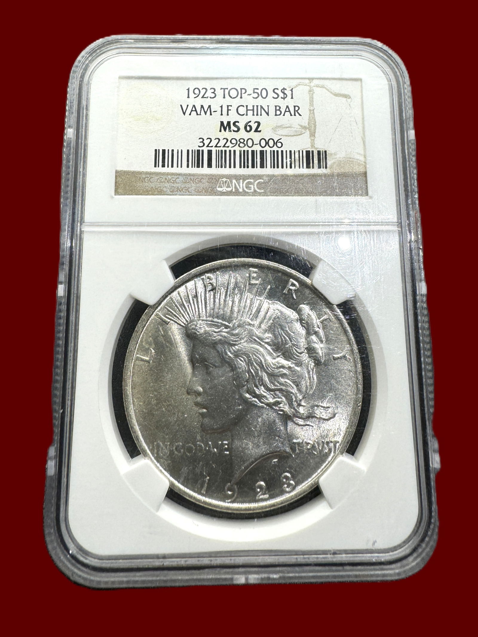 NGC MS62 VAM-1F Chin Bar 1923 Top 50 S$1 Peace Dollar (1 of 2)