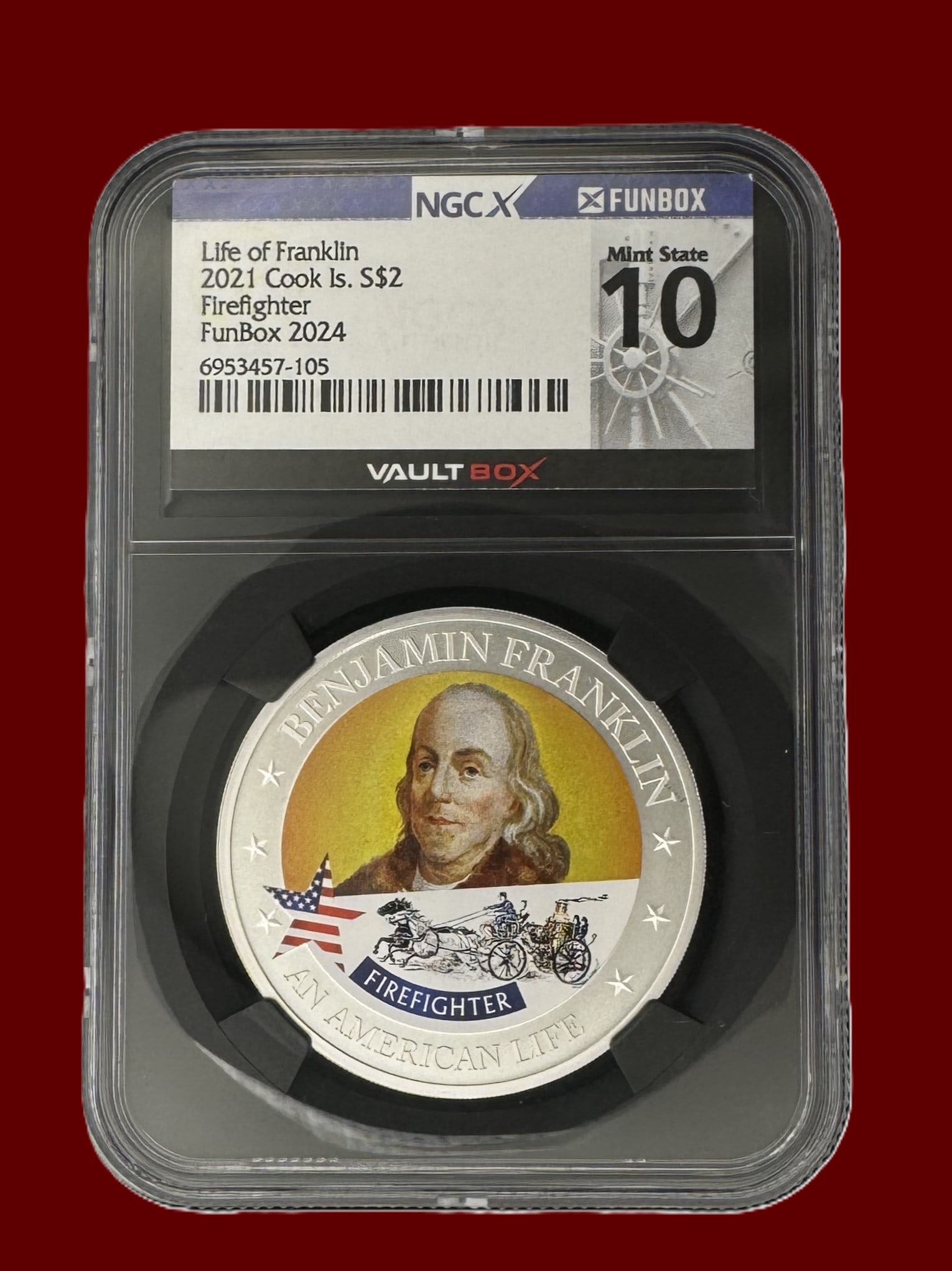NGC VaultBox 10/10 Mint State Life Of Franklin Firefighter S$2 Cook Islands Fun Box 2024: VaultBox Cook Islands Life Of Franklin