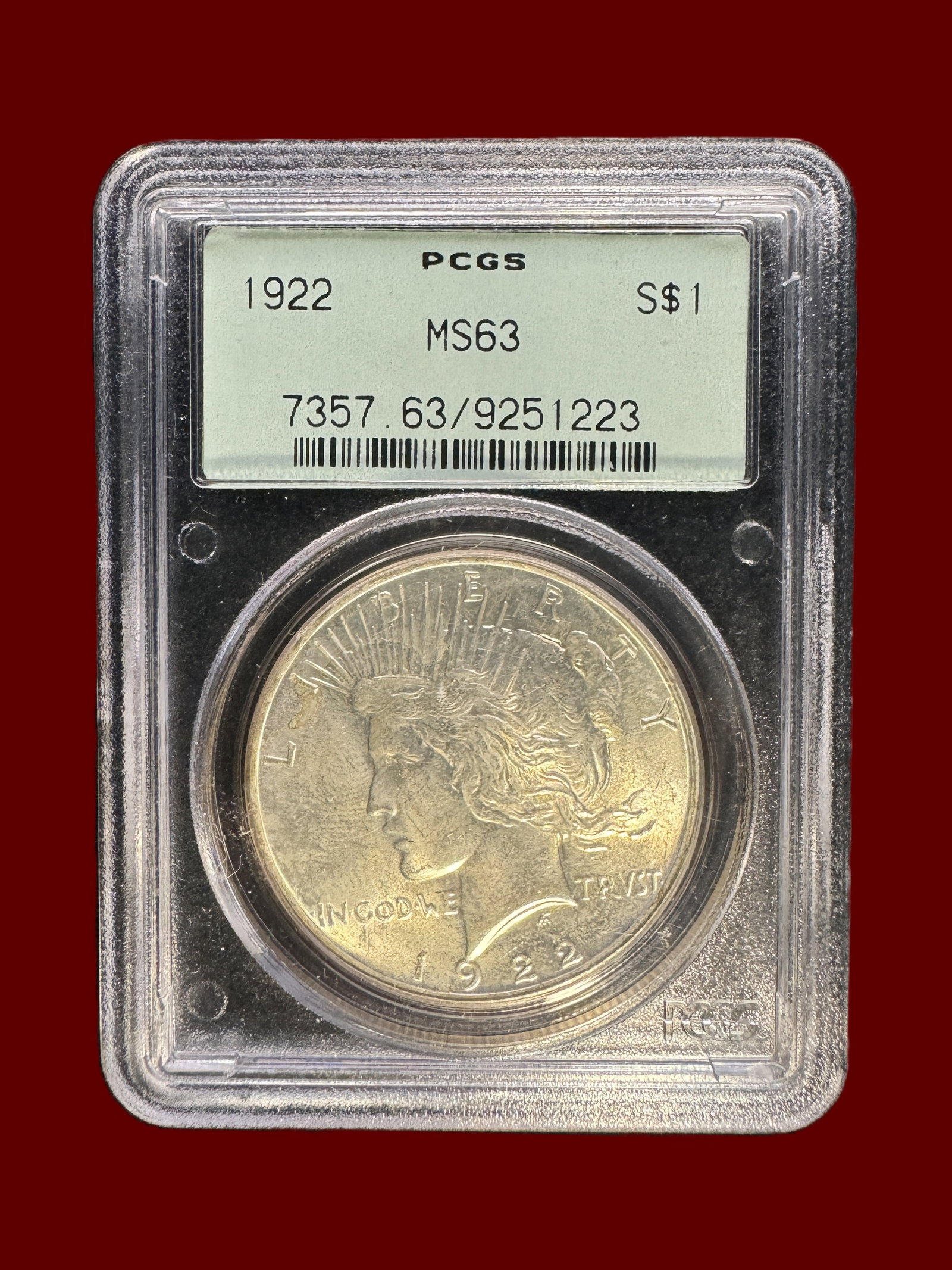 PCGS Old Label MS63 1922 S$1 Peace Dollar: PCGS Old Label