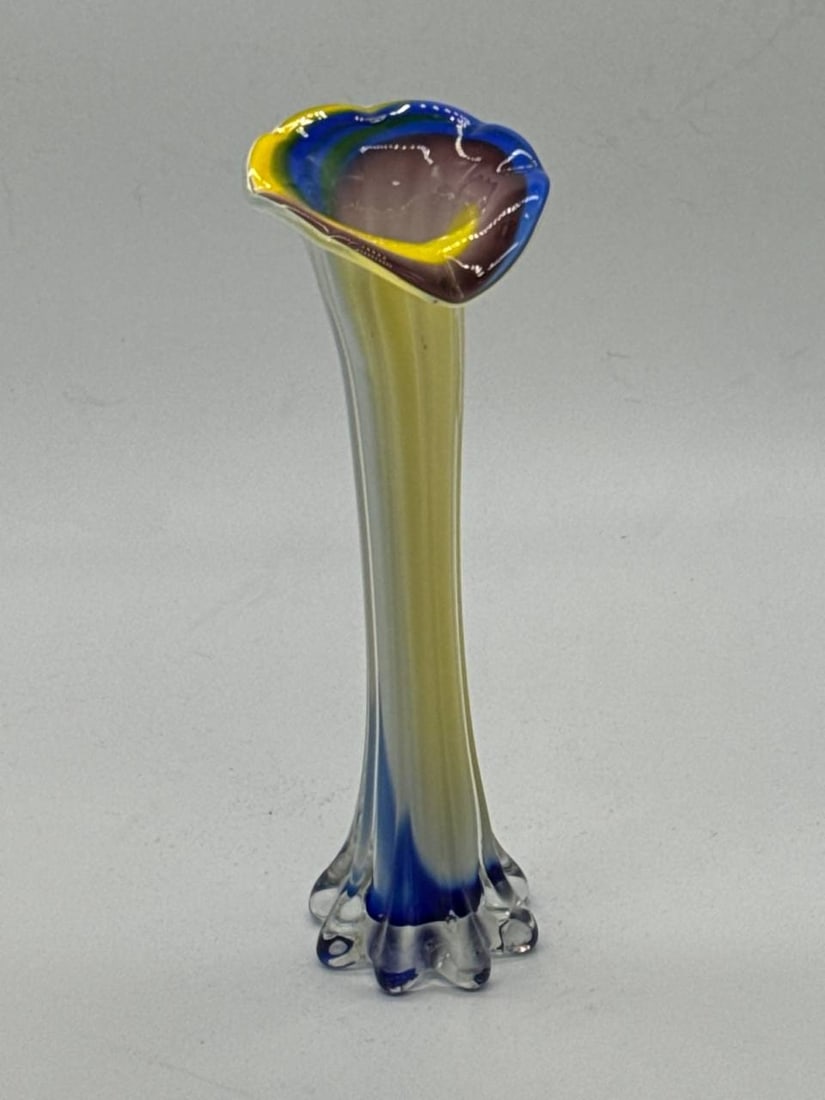 Vintage Murano Style Blue Yellow Glass Art Vase 12 In (1 of 10)