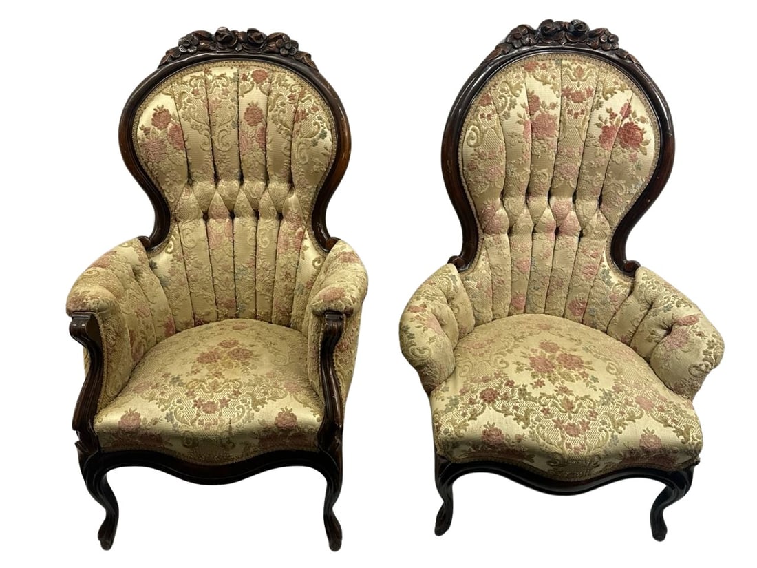 Vintage Victorian Style King And Queen Chairs Floral Upholstery 43x40 In (1 of 20)
