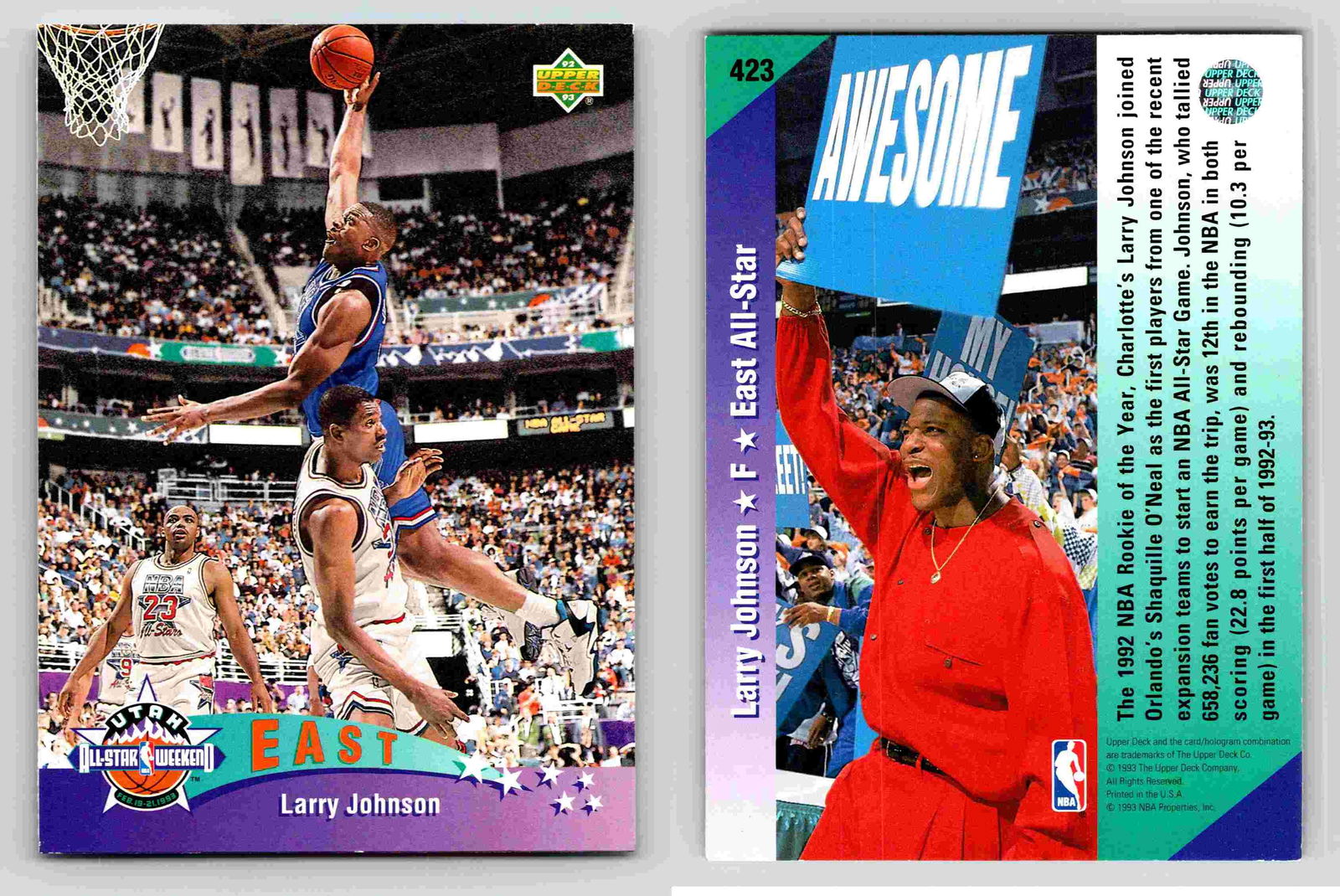 Larry Johnson East All Star Upper Deck 1993 NBA Card 423 Memorabilia: Larry Johnson East All Star Upper Deck 1993 NBA Card 423 Memorabilia; This sports trading card features Larry Johnson; a renowned forward who played a significant role in the early 1990s NBA scene. Th