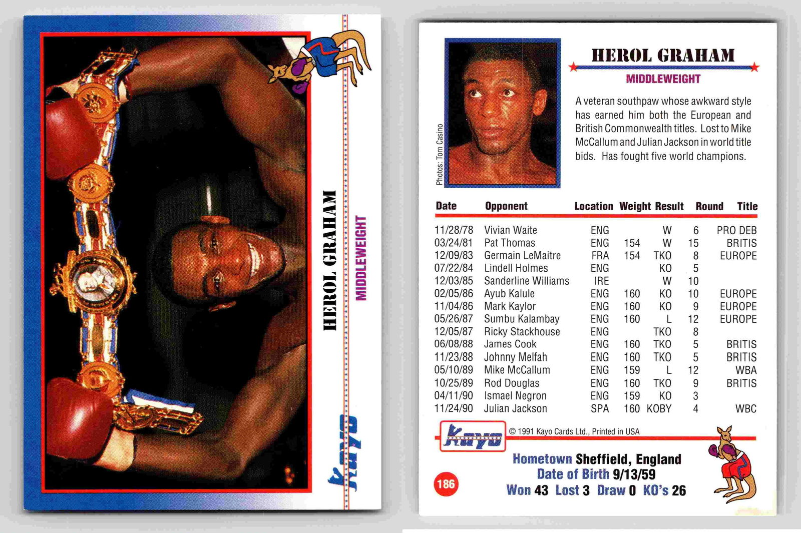 Herol Graham Middleweight Kayo Sports Card 1991 Boxing Memorabilia: Item Description Title: Herol Graham Middleweight Kayo Sports Card 1991 Boxing Memorabilia Description: This sports trading card features Herol Graham; a celebrated middleweight boxe