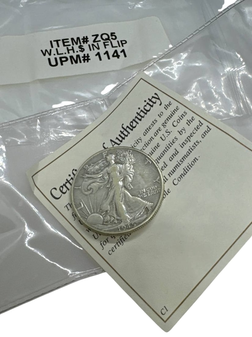 1945 Walking Liberty Half Dollar Silver Coin US 90 Percent Silver: The 1945 Walking Liberty Half Dollar is an iconic piece of American numismatic history, featuring the beautiful and classic design of Lady Liberty striding confidently towards the dawn of a new day, w