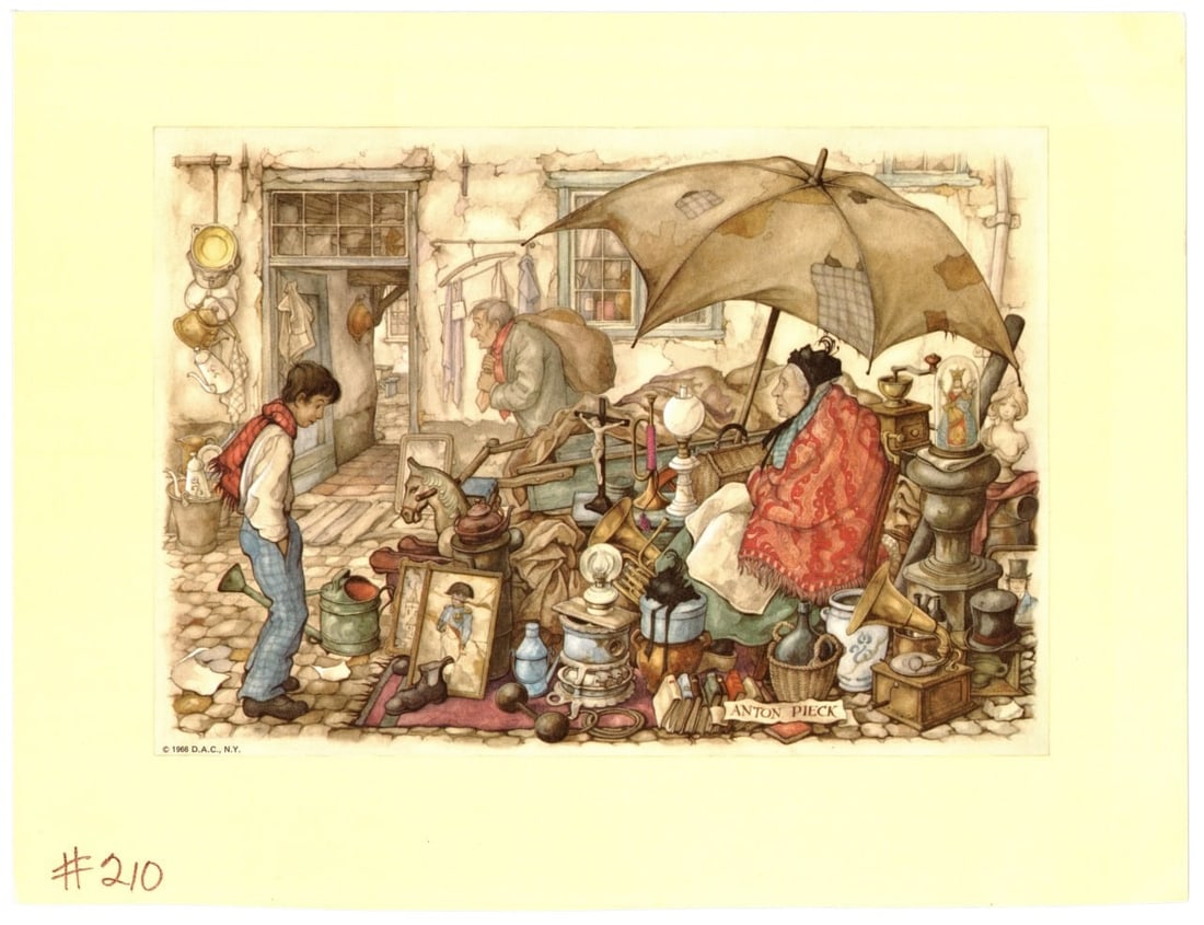 Anton Pieck 1966 Vintage Market Scene Art Print 9x7 In: The Anton Pieck 1966 Vintage Market Scene Art Print is a charming illustration depicting a bustling market day with detailed characters and a plethora of items. Known for his intricate and nostalgic s