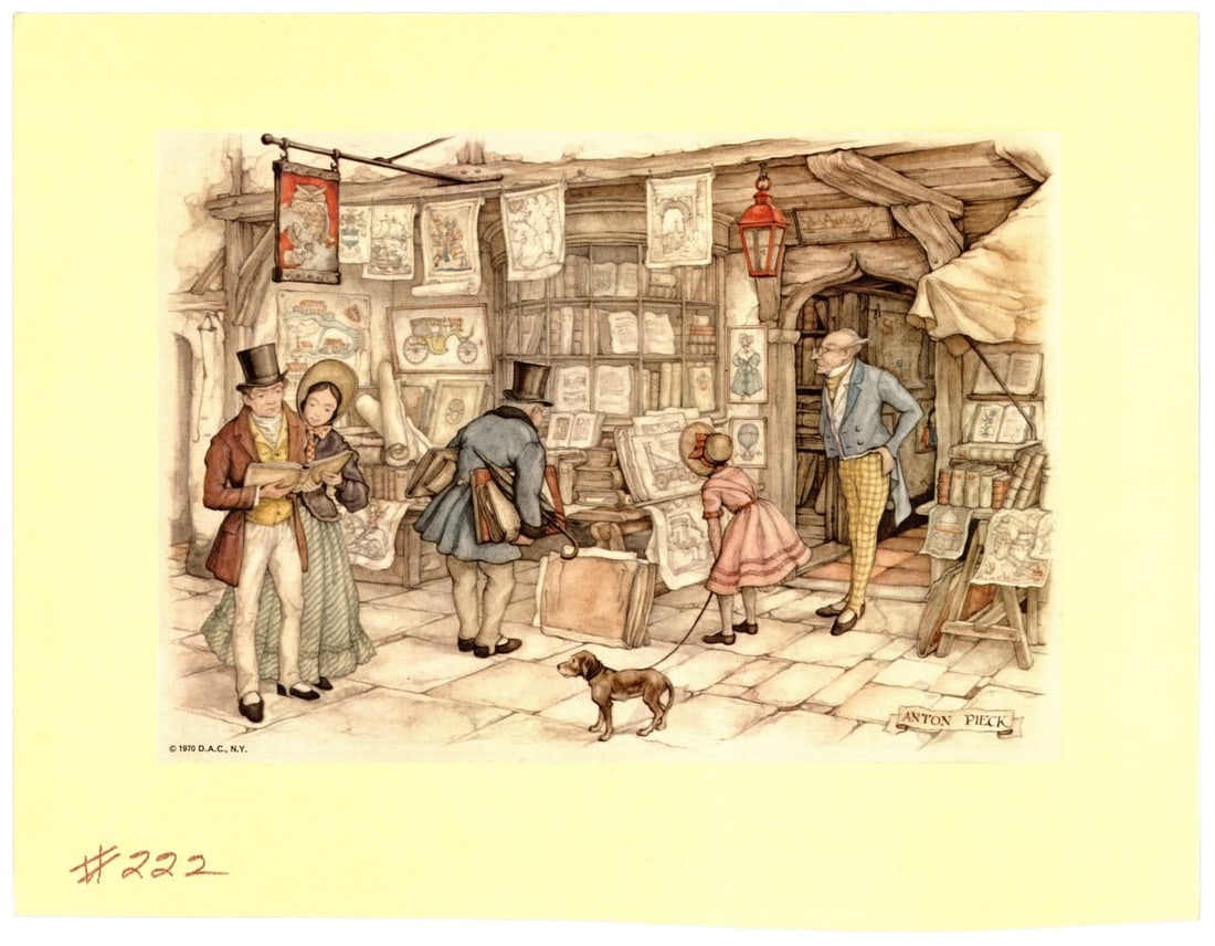 Anton Pieck Vintage Art Print 1966 Bookstore Scene 9x7 In: Discover the charming world of Anton Pieck with this vintage art print from 1966, depicting a quaint bookstore scene. Pieck's unique style captures the nostalgia and whimsy of a bygone era, with intri