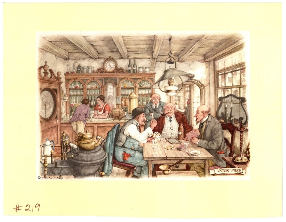 Anton Pieck Cozy Pub Gathering Illustration 1966 Print Art 9x7 in: The Cozy Pub Gathering by Anton Pieck, a 1966 print, vividly portrays a charming pub scene with a group of men engaged in card games and lively conversation. Pieck's unique style captures the warm amb