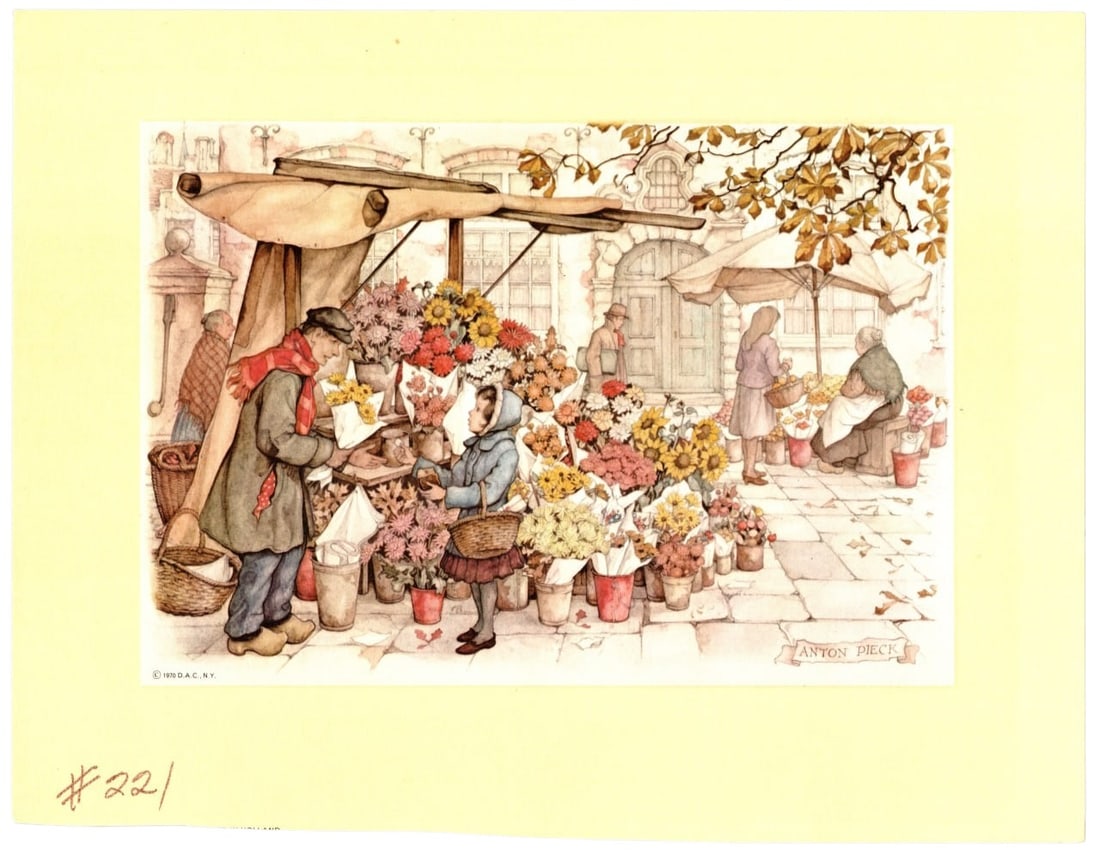 Anton Pieck Vintage Flower Market Art Print 9x7 in 1970: The Anton Pieck Vintage Flower Market Art Print from 1970 captures a charming and nostalgic scene of a bustling flower market. This beautifully detailed artwork showcases Pieck's signature style, remi