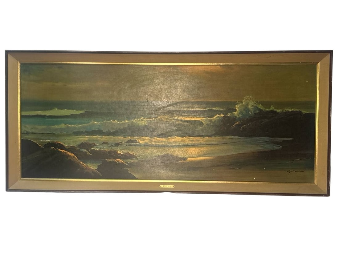 Robert Wood Golden Surf Framed Ocean Landscape Art 65x28 in (PRINT): The Golden Surf by Robert Wood is a breathtaking ocean landscape that embodies the serene beauty and power of the sea. Captured in its natural splendor, this framed artwork features a stunning display