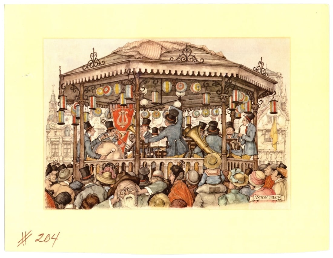 Anton Pieck Vintage Concert Print 9x7 in 1970 Art Illustration: The Anton Pieck Vintage Concert Print from 1970 is a captivating illustration that transports viewers to the vibrant world of early 20th-century street performances. Known for his detailed and whimsic