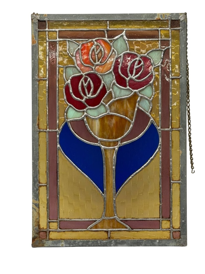 Vintage Stained Glass Art Panel with Red Roses Design 17x11 in (1 of 11)