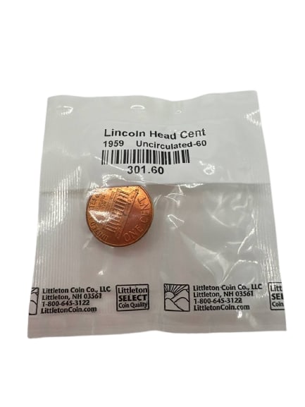 Lincoln Head Cent 1959 Uncirculated-60 One Cent Coin Collectible: The 1959 Lincoln Head Cent is a cherished collectible for numismatists, known for its uncirculated condition graded at 60. This penny is part of the iconic series that began in 1909, featuring Preside