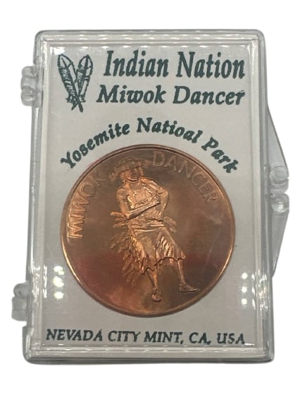 Indian Nation Miwok Dancer Yosemite National Park Coin Nevada City Mint CA USA: The Indian Nation Miwok Dancer Coin from Nevada City Mint captures a unique piece of cultural and historical thematic art. This coin beautifully commemorates the Miwok dancer, representing the rich tr