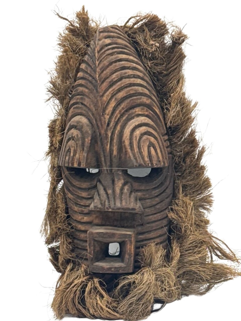 Handcrafted African Tribal Mask With Raffia Detailing 14x6x5 in (1 of 13)