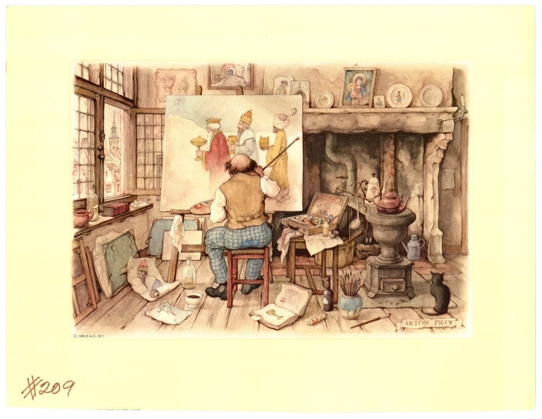 Anton Pieck 1966 Vintage Art Studio Print 9x7 In: The 1966 vintage print by Anton Pieck captures a whimsical and detailed depiction of an artist's studio from the past. This delightful scene showcases an artist at work, surrounded by an array of art