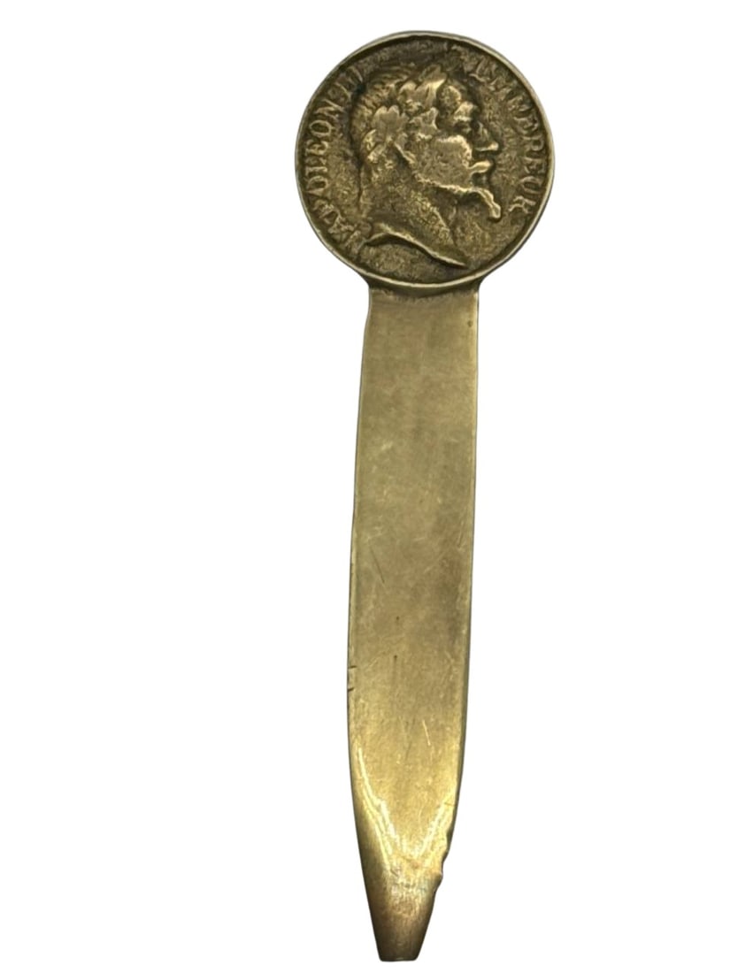 Antique Brass Roman Coin Style Letter Opener with Floral Design 6 Inch: This Antique Brass Roman Coin Style Letter Opener is a beautifully crafted piece, featuring a design reminiscent of ancient Roman coins and flora from 1859. The handle showcases a detailed profile of