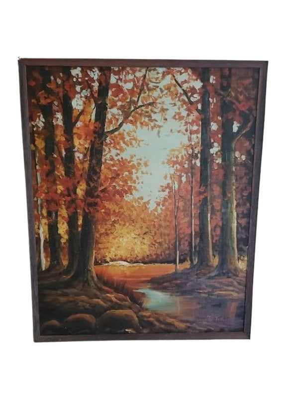 Autumn Forest Pathway Framed Artwork Signed Original 24x18 in 2 lb: This original artwork captures the serene beauty of an autumn forest pathway. The painting showcases a vibrant array of fall colors, as light filters through the dense canopy, illuminating the path ah