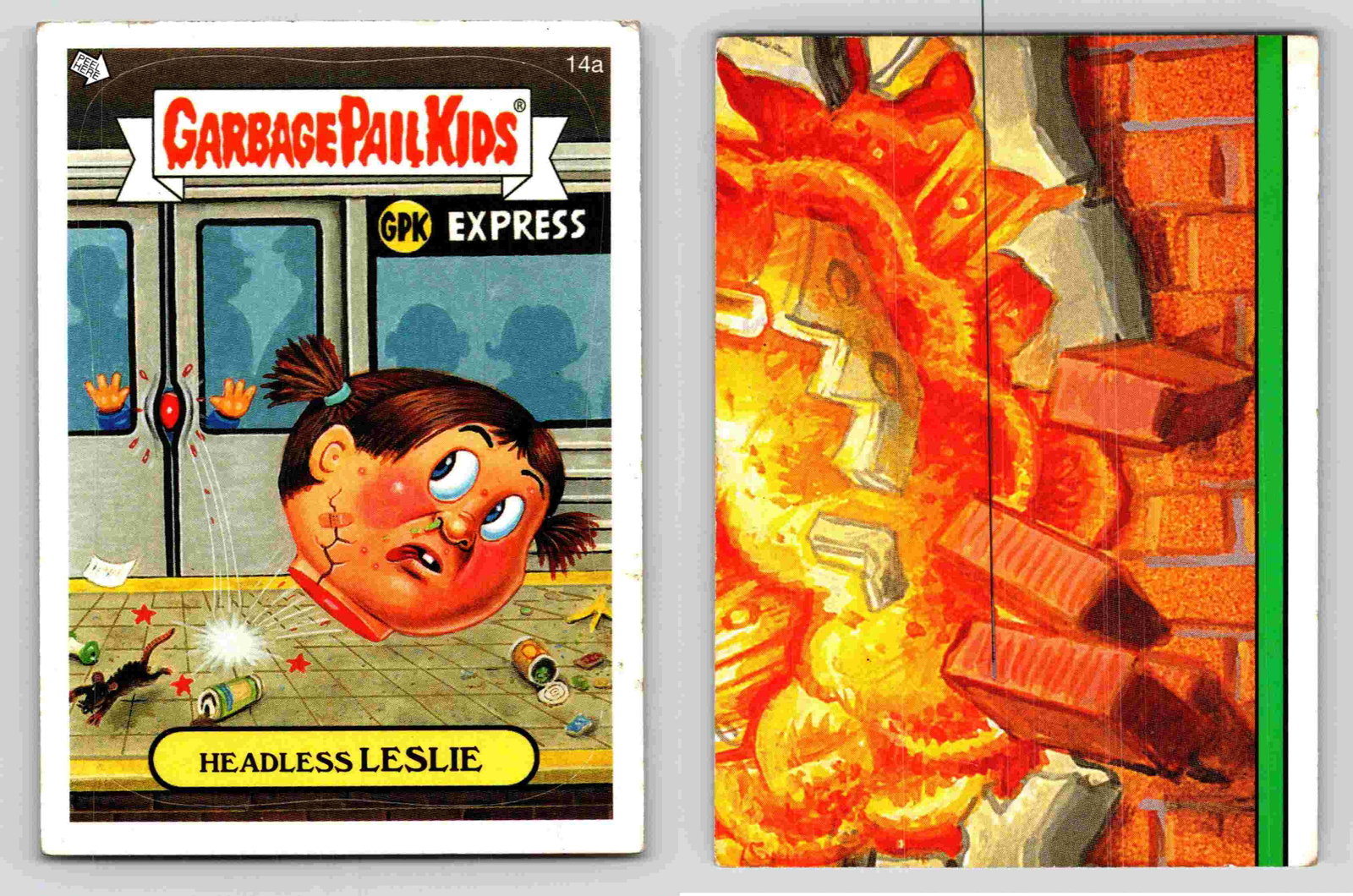 Garbage Pail Kids GPK Express Headless Leslie Card Number 14a 1985: Item Description Title: Garbage Pail Kids GPK Express Headless Leslie Card Number 14a 1985 Description: This collectible card from the Garbage Pail Kids series features Headless Lesl