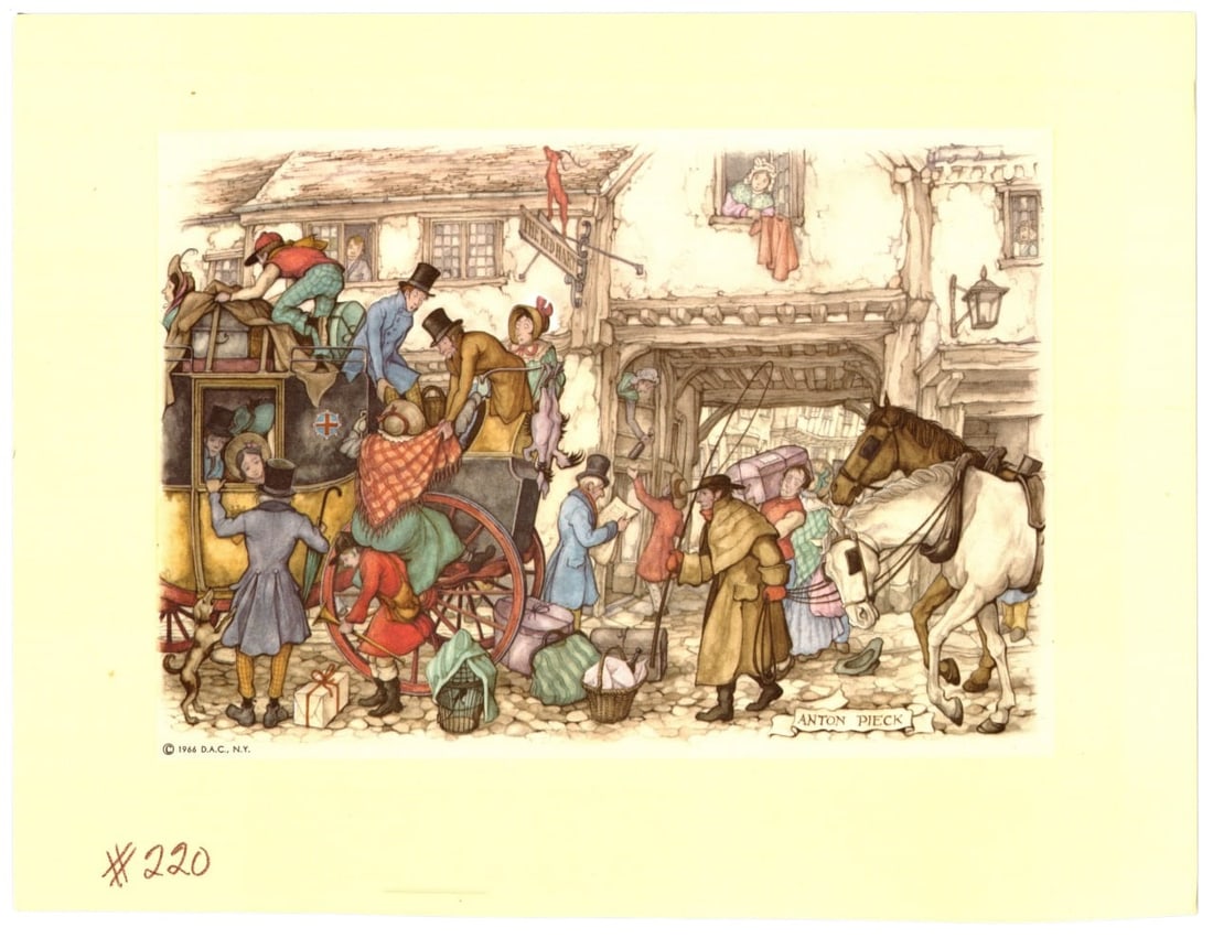 Anton Pieck 1966 Vintage Coach Scene Print Art 9x7 in: This vintage artwork by Anton Pieck, dated 1966, showcases a captivating scene of a bustling street with a horse-drawn coach. The piece is rich in detail, depicting characters engaged in lively activi