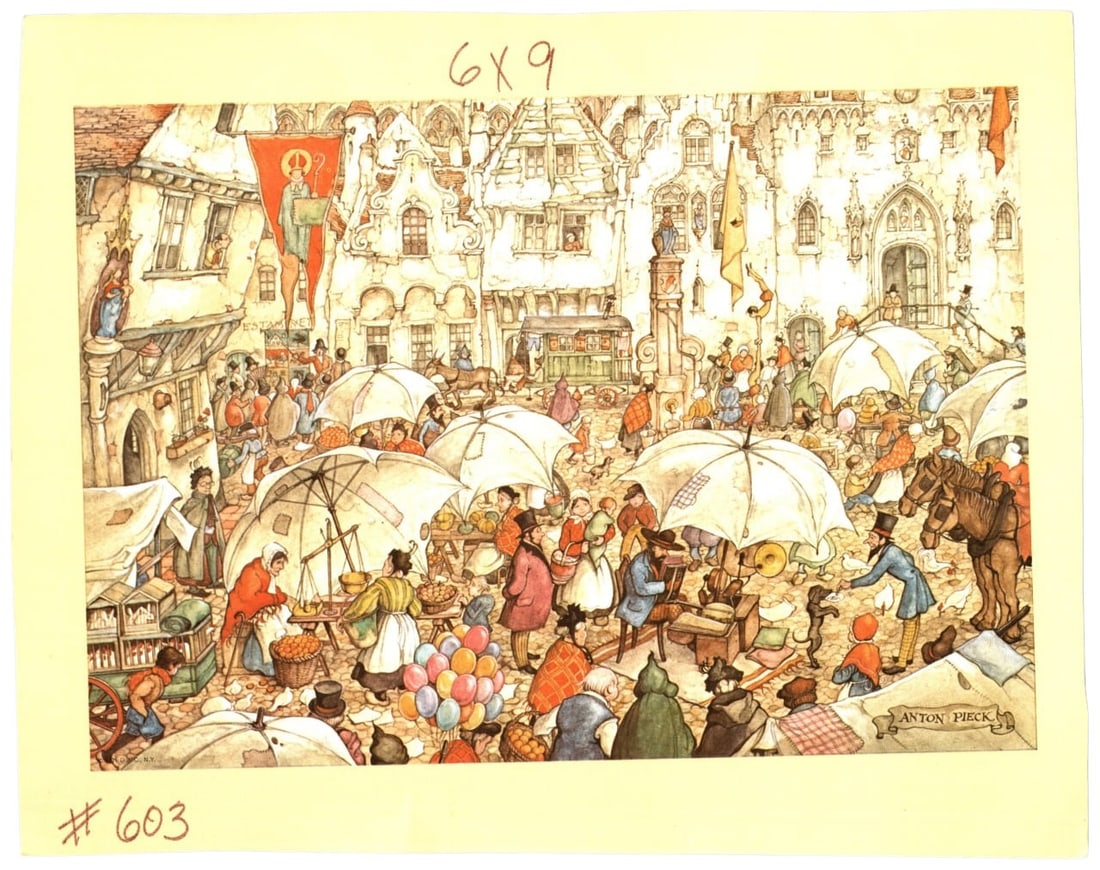 Anton Pieck 1971 Vintage Market Scene Art Print 6x9 in (1 of 2)
