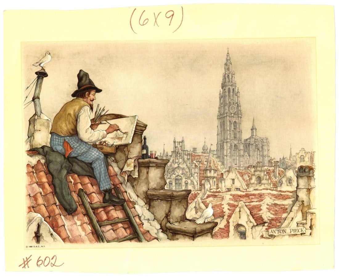 Anton Pieck Rooftop Artist Scene Print 1968 Art Illustration 10x8 in (1 of 2)