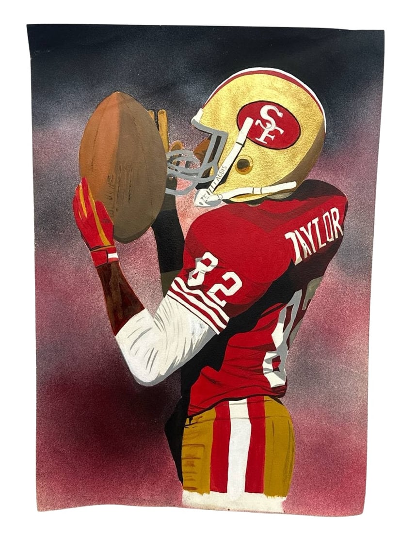 John Taylor San Francisco 49ers Paint Art by D Fisk 20x14 in 2 oz: This unique art piece by D. Fisk features a striking portrayal of John Taylor, a legendary player for the San Francisco 49ers. Capturing the vibrant essence of American football, the painting depicts