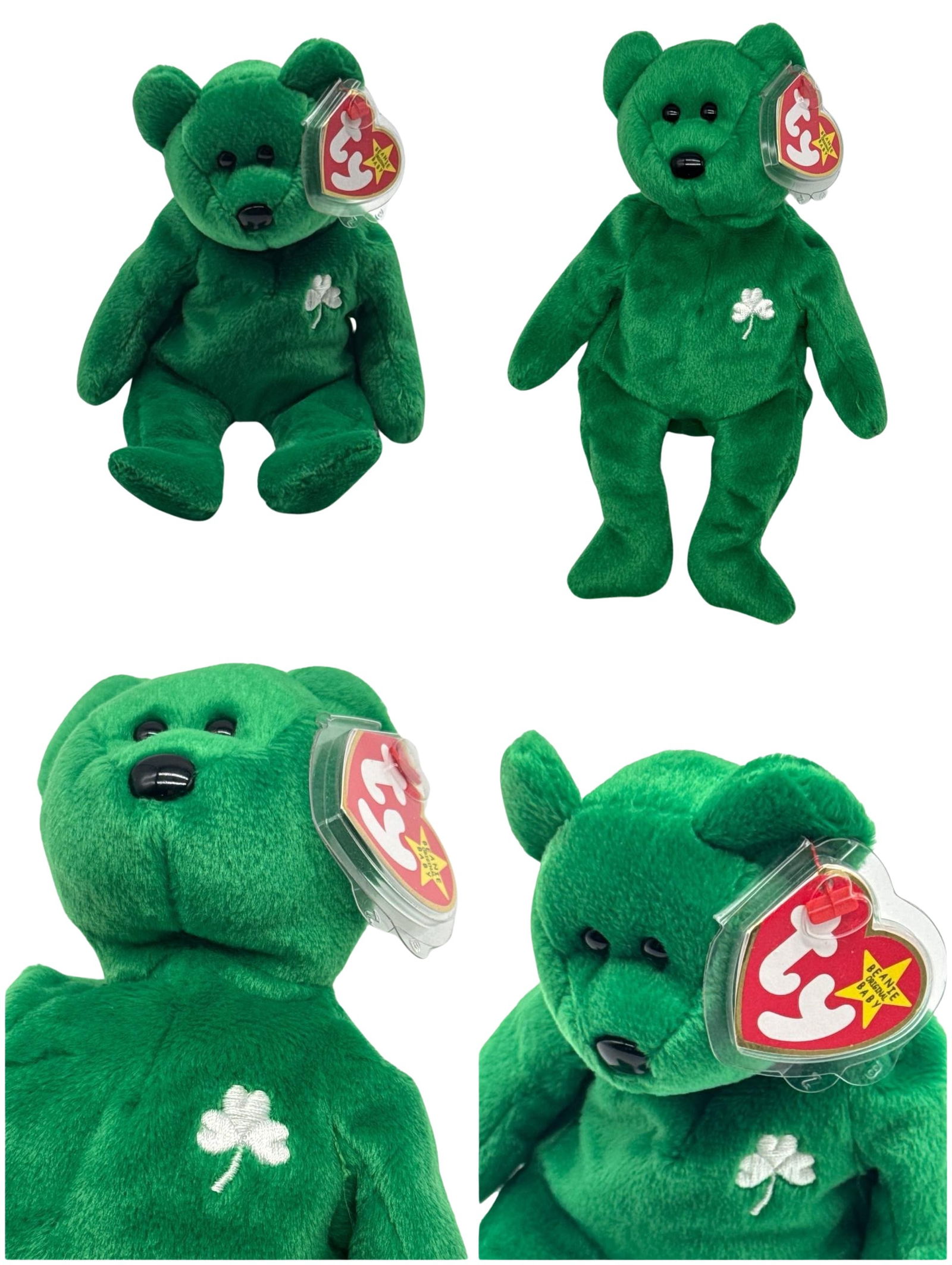 Ty Beanie Babies Erin The Bear Shamrock Green Plush Collectible 9 Inch: The Ty Beanie Babies Erin the Bear is a part of the celebrated collection of plush toys that gained popularity in the 1990s. This particular edition features a deep green color with an embroidered whi