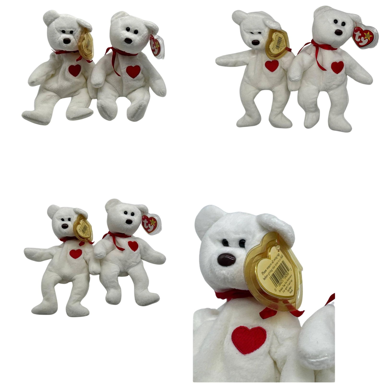 Ty Beanie Babies Valentino Bear Lot of 2 White Red Heart Plush Rare (1 of 5)