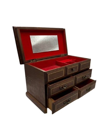 Vintage Wooden Jewelry Box With Red Velvet Lining Made In Japan 8x12 in: This vintage wooden jewelry box, crafted in Japan, presents a classic and elegant design, distinguished by its rich wooden exterior and vibrant red velvet lining. The box features multiple drawers and