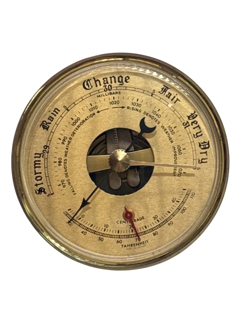 Vintage Brass Barometer Thermometer Storm Rain Change Fair Dry 3x3x1 Inch (1 of 8)