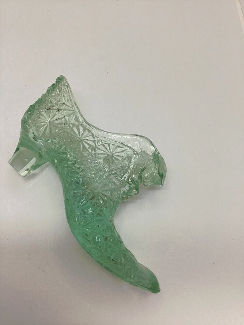 Vintage Green Glass Shoes Boot Shaped Collectible with Decorative Patterns: See pictures for details