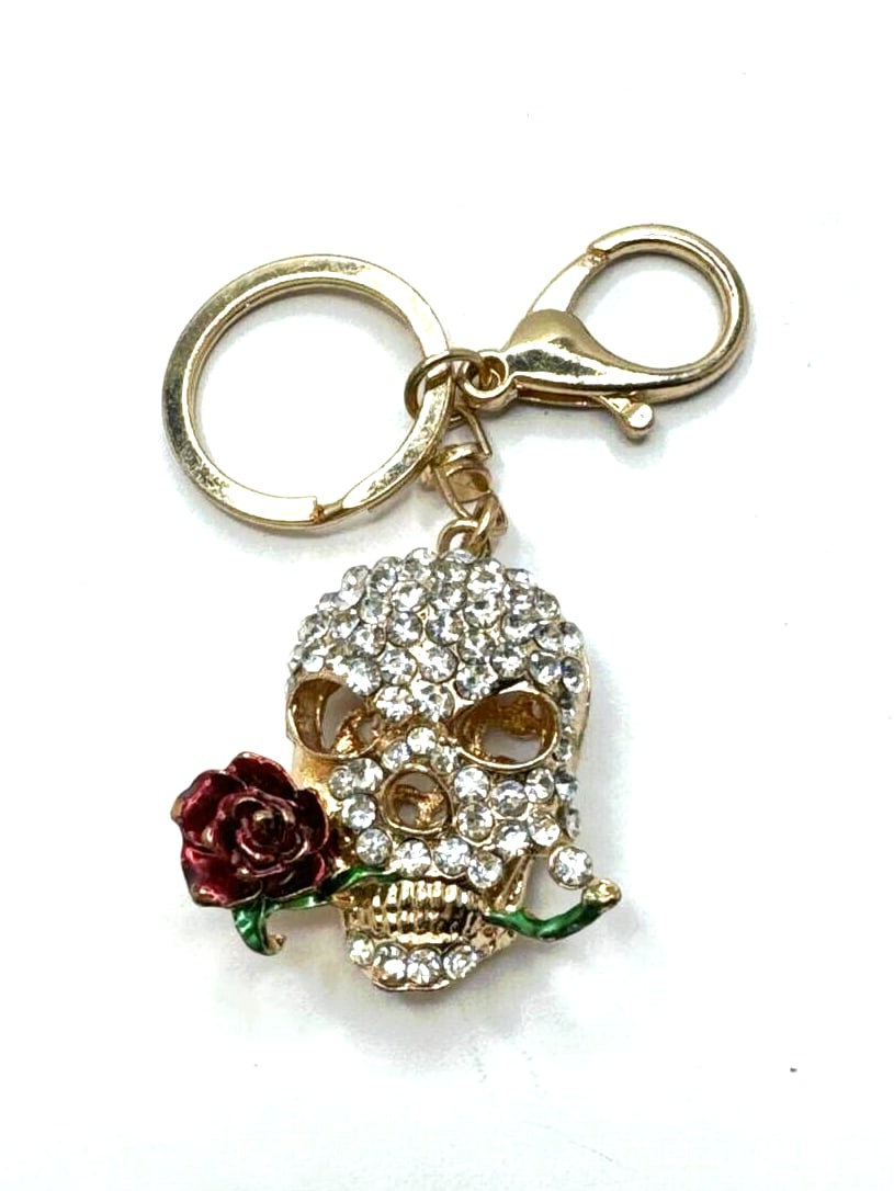 Skull Keychain with Rhinestones and Rose Decoration for Stylish Accessories: See pictures for details