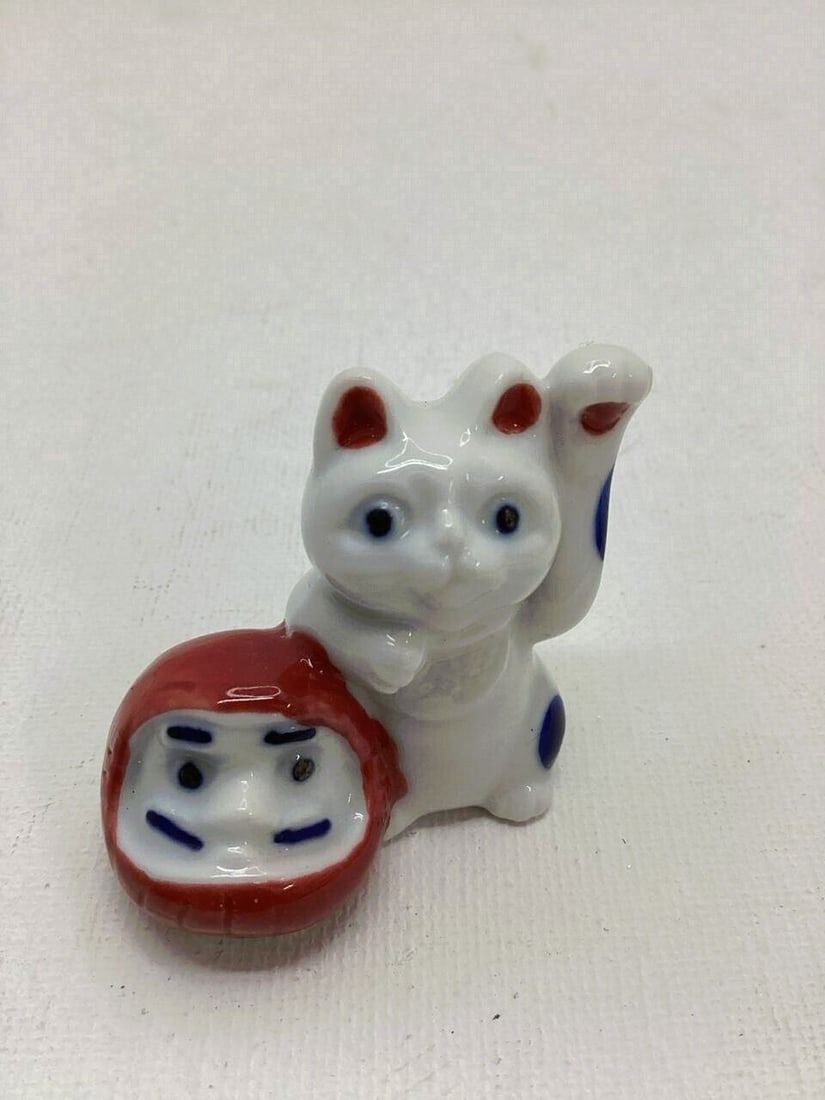 Japanese Ceramic Lucky Cat Figurine With Daruma Doll Charm Ornament (1 of 7)