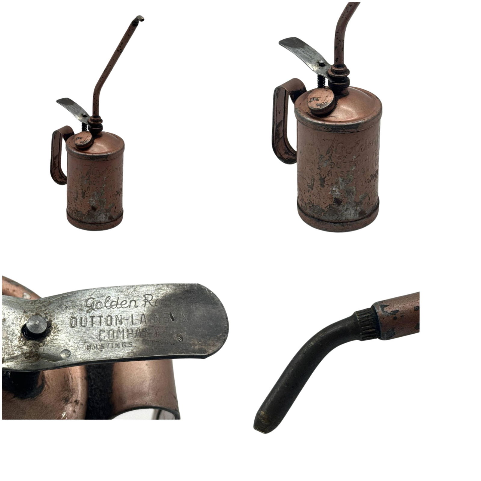 Golden Rod Dutton-Lainson Copper Oil Can Lubricator Vintage Tool 8 in: The Golden Rod Dutton-Lainson Copper Oil Can is a classic vintage tool designed for efficient and precise lubrication. This oil can is an exemplary piece, showcasing the craftsmanship and durable desi