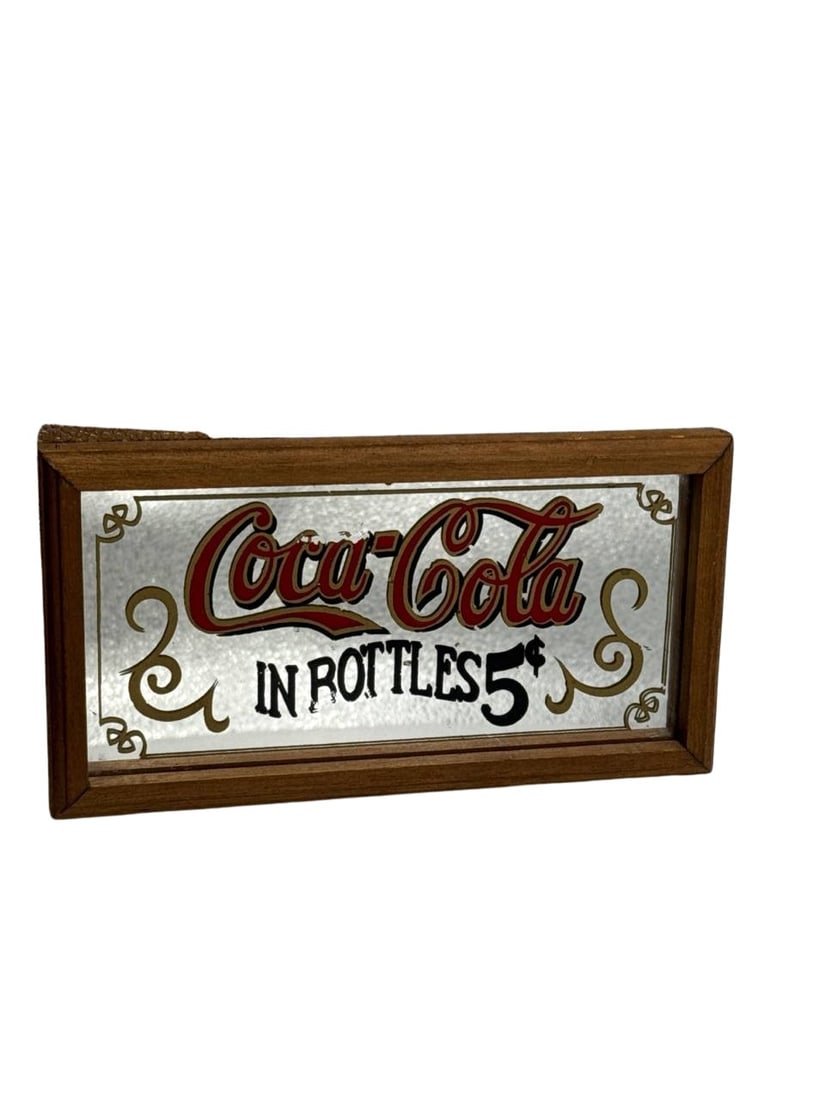 Coca-Cola Vintage Mirror Sign In Bottles 5 Cents Wood Frame 8.5x4.5 Inches (1 of 6)