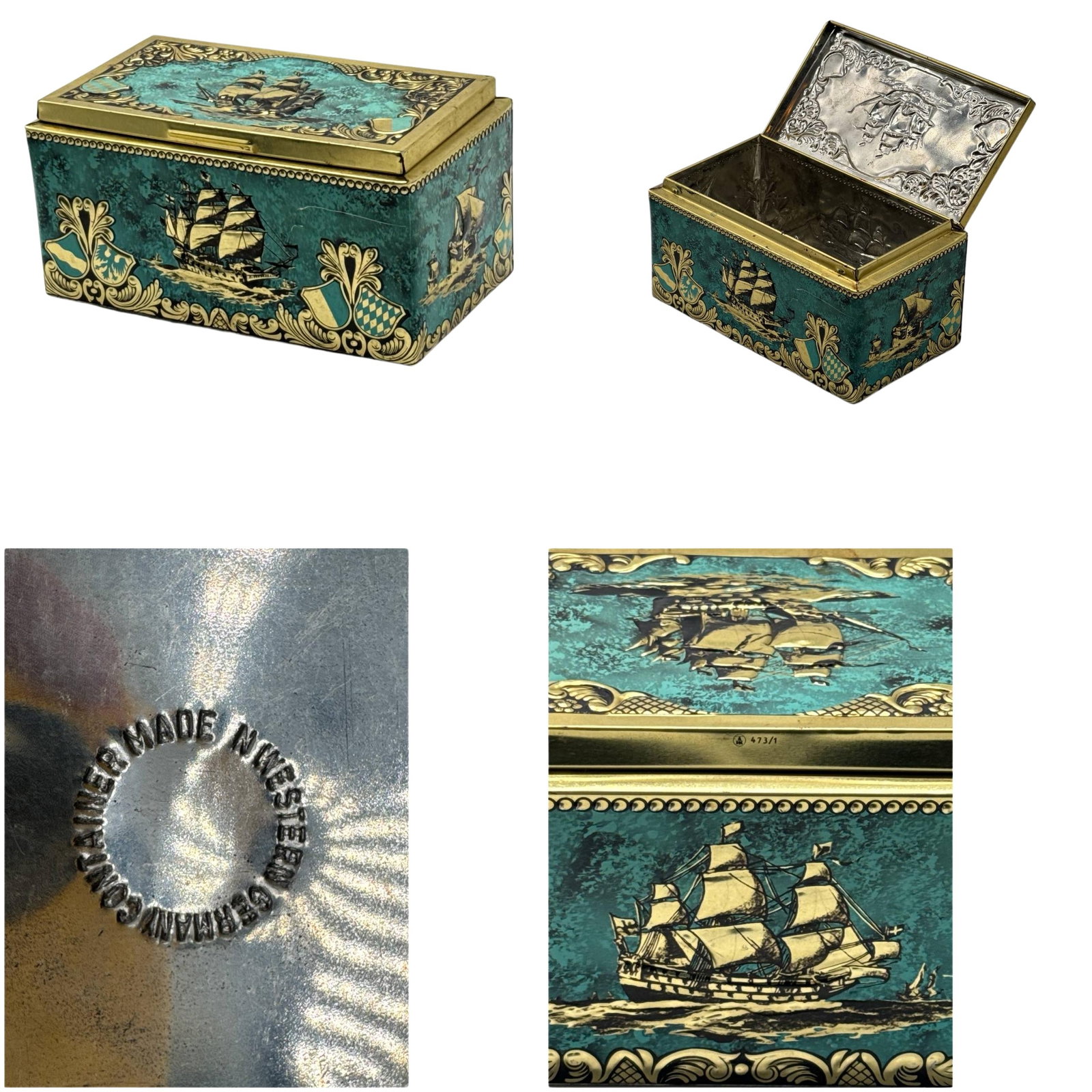 Vintage German Enamel Ship Design Metal Tin Box 8x4x4 Inches (1 of 5)
