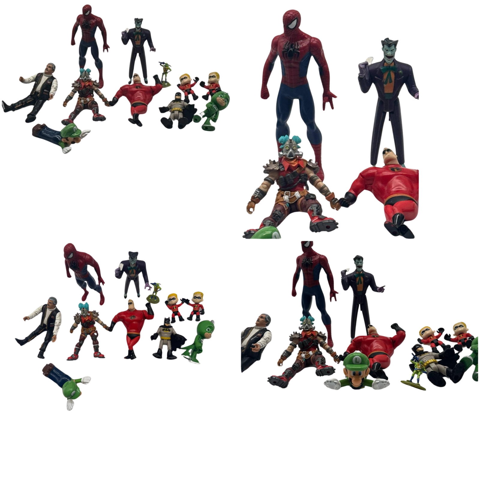 Vintage Superhero And Villain Action Figures Set Spiderman Joker Batman: This amazing vintage action figure set features iconic superhero and villain characters. Included are beloved figures such as Spiderman, the Joker, Batman, and Mr. Incredible. Each figure is crafted w