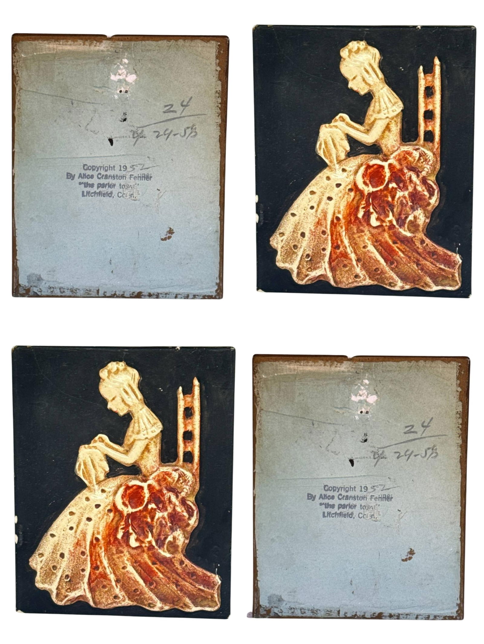Alice Cranston Fehrer 1957 Vintage Seated Lady Sewing Plaque 4x5 In: Vintage 1957 Alice Cranston Fehrer wall plaque featuring a graceful seated lady in a flowing gown sewing her delicate fabric. This charming decorative piece embodies mid-century craftsmanship with its