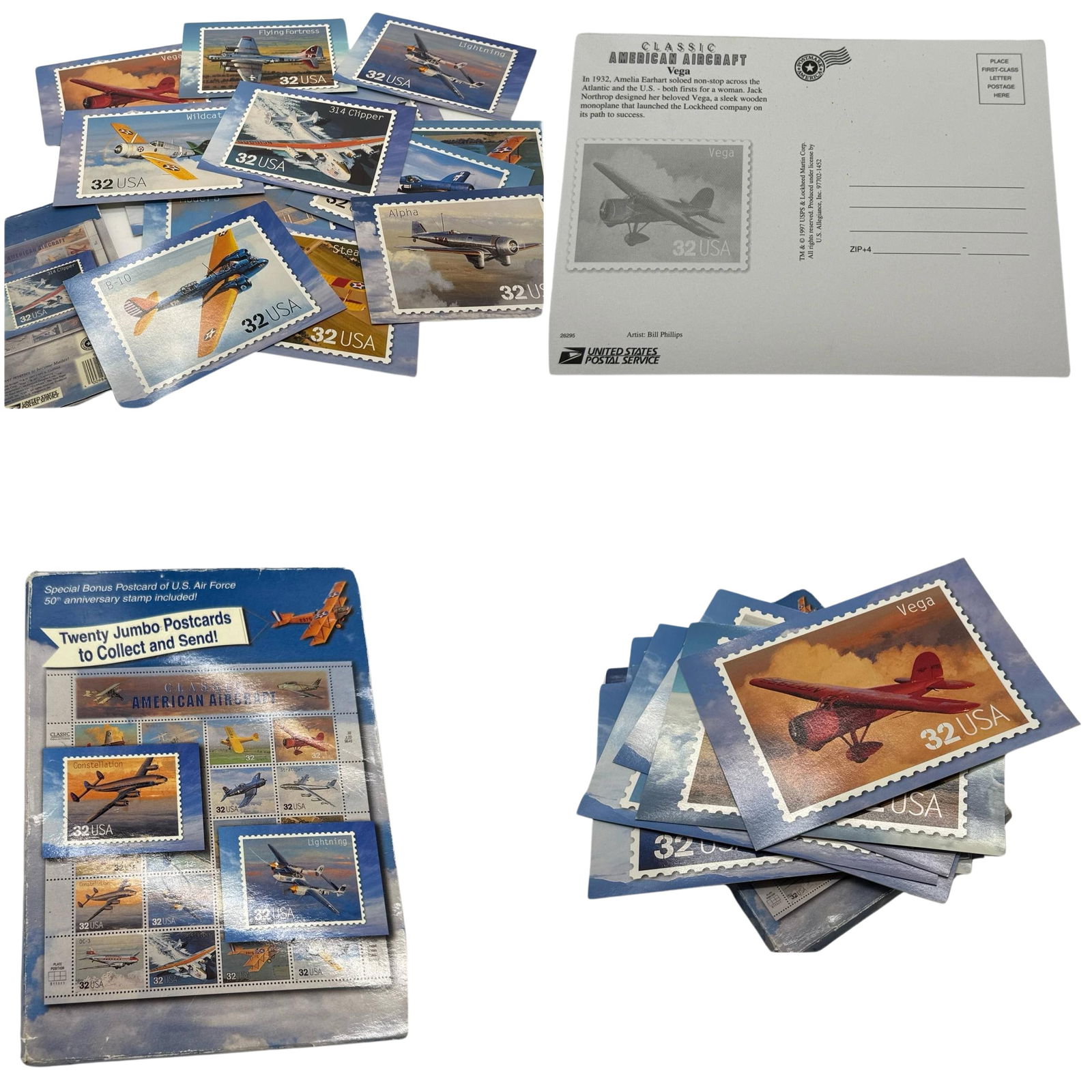 USPS Classic American Aircraft 32 Cent Jumbo Postcards Set 7x5in (1 of 5)