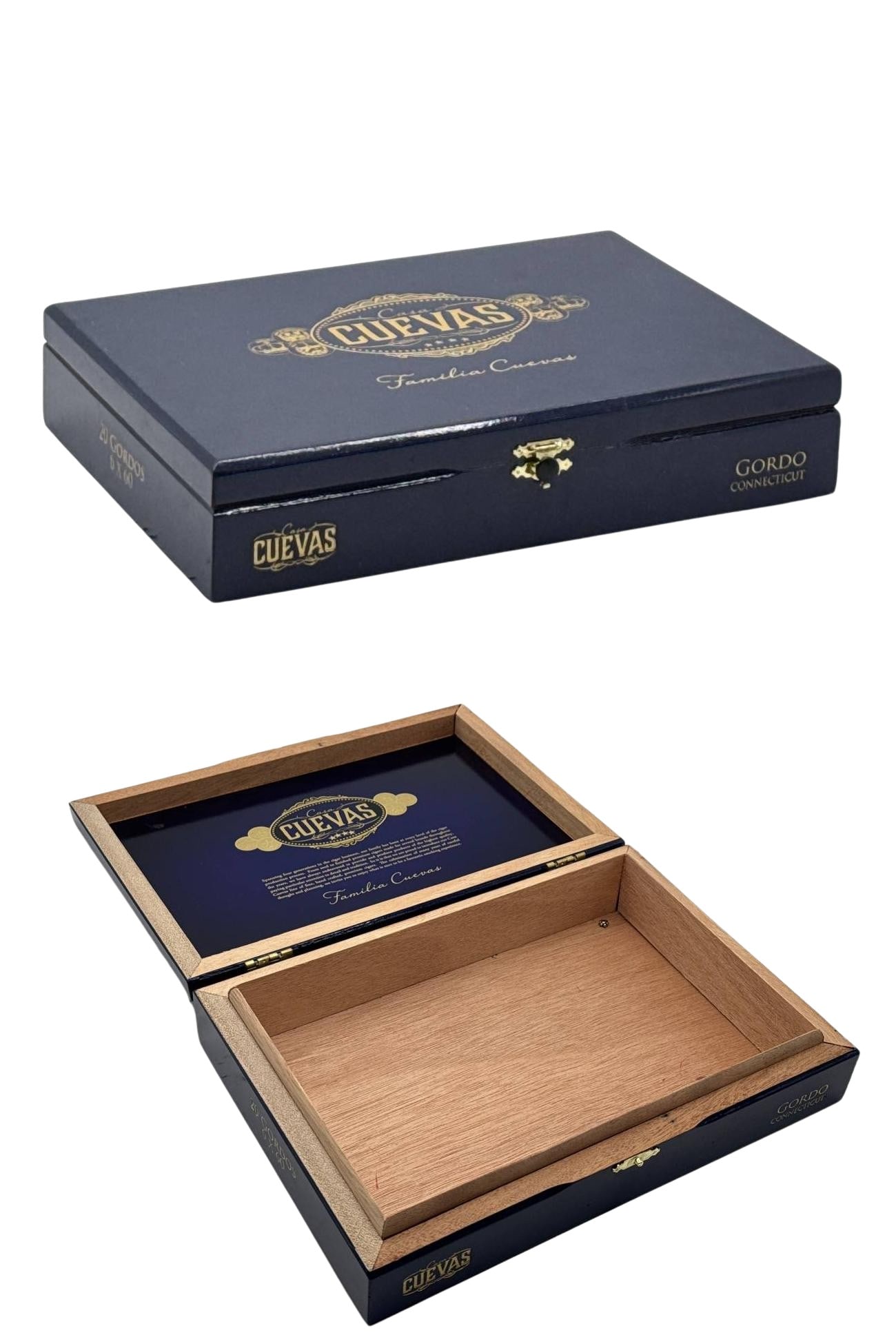 Cuevas Familia Cuevas Gordo Connecticut Wooden Cigar Box 2 Inch: Cuevas Familia Cuevas Gordo Connecticut wooden cigar box 2 inch is a fantastic collectible for any cigar aficionado searching for a classic piece. This box originally housed 20 Gordos 6x60, showcasing