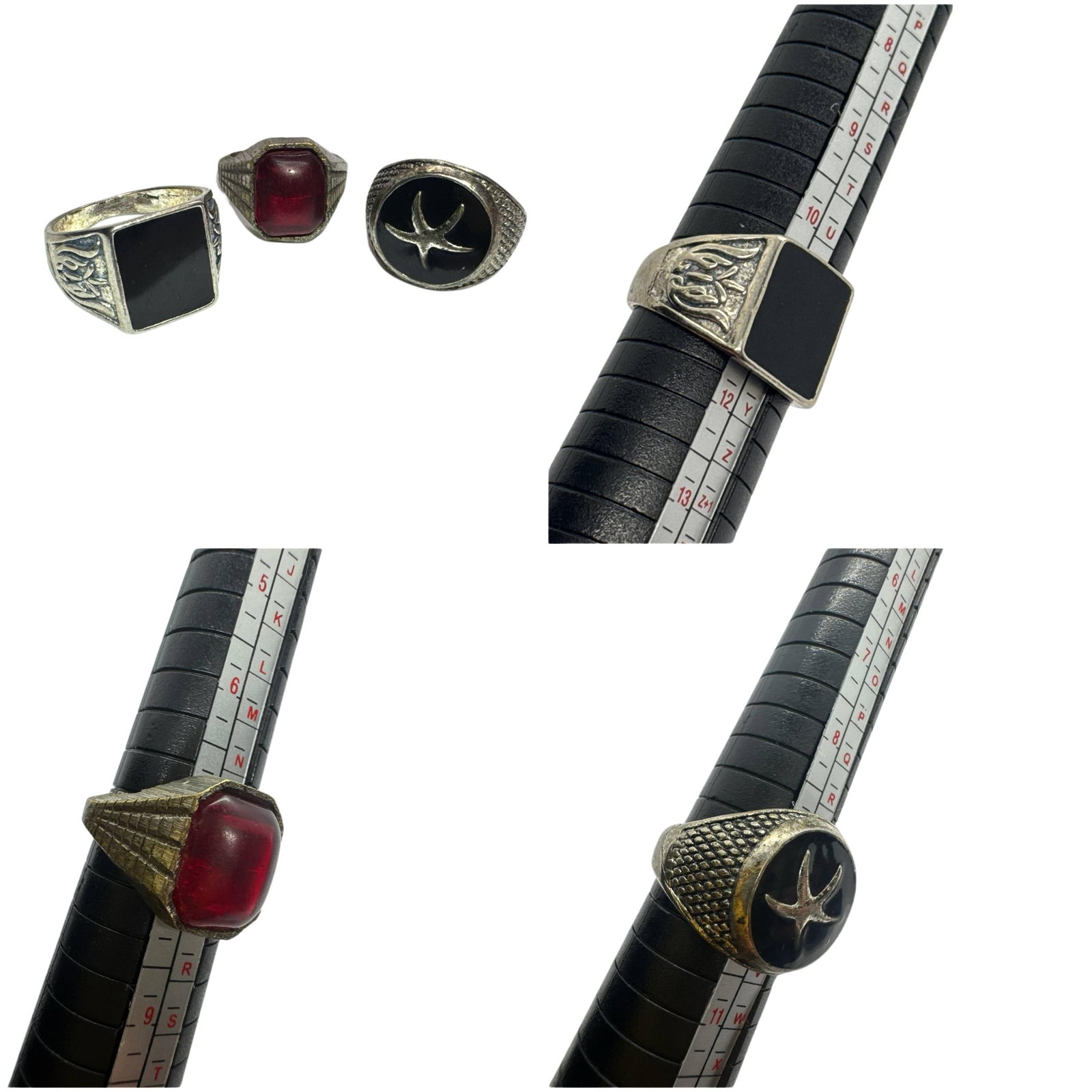 Vintage Mens Silver Lot Of 3 Rings With Onyx Red Glass US 9 10 11: Vintage mens silver rings with onyx and red glass stones lot of 3 US sizes 9 10 11 These bold rings offer a distinctive style influenced by classic designs and timeless craftsmanship Each ring showcas
