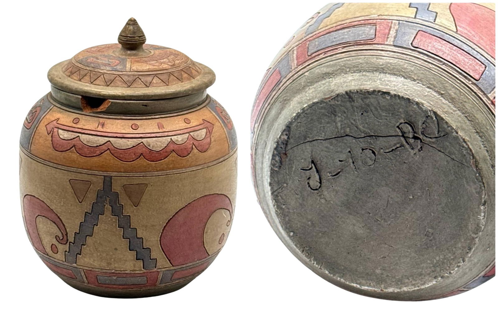 Painted Southwest Tribal Style Lidded Pot Handcrafted Ceramic 7 Inch (1 of 3)