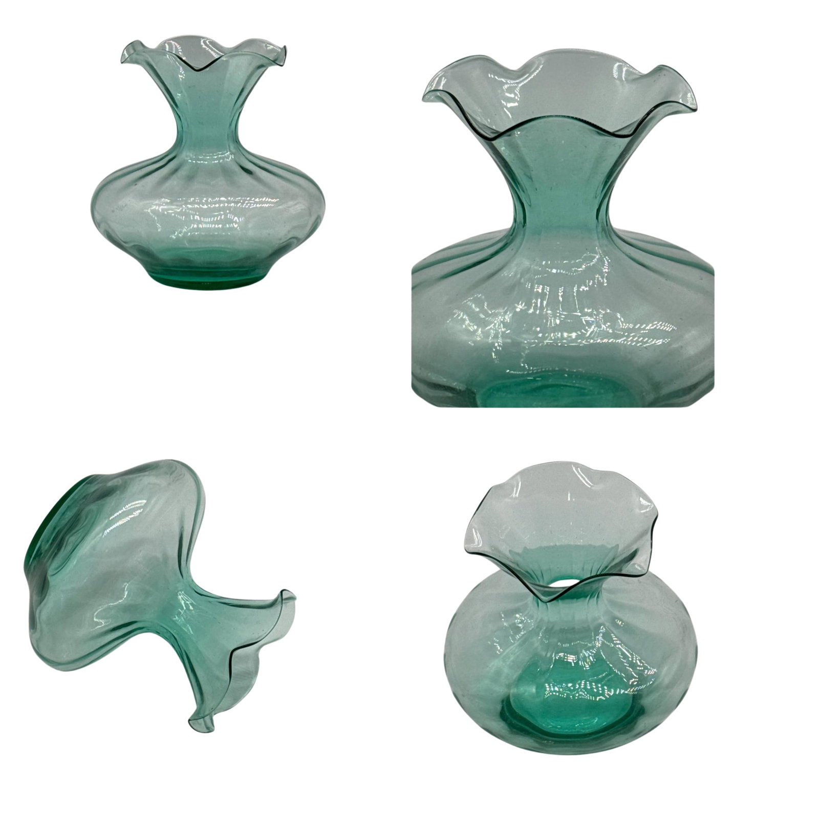 Vintage Murano Style Art Glass Ruffled Top Vase 8.5 in 2 lb: The Vintage Murano Style Art Glass Vase features an elegant ruffled top design that showcases exquisite craftsmanship and artistry. Its subtle green hue and intricate shape make it a captivating cente