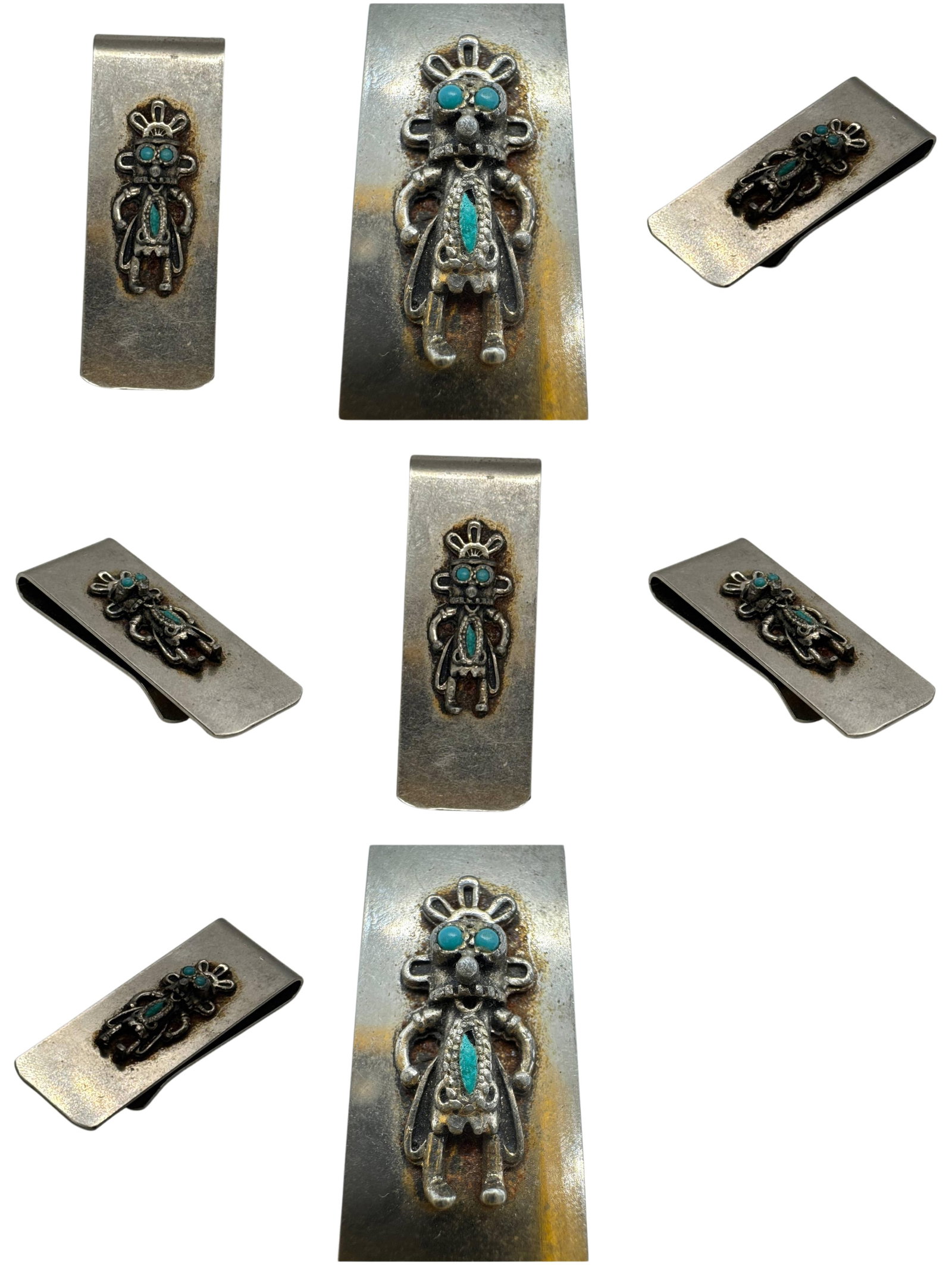 Vintage Silver Money Clip With Turquoise Stone Inlay Southwestern Design: This vintage silver money clip features an intricate Southwestern design, adorned with turquoise stone inlays that add a touch of vibrant color. The piece is crafted from high-quality silver, showcasi